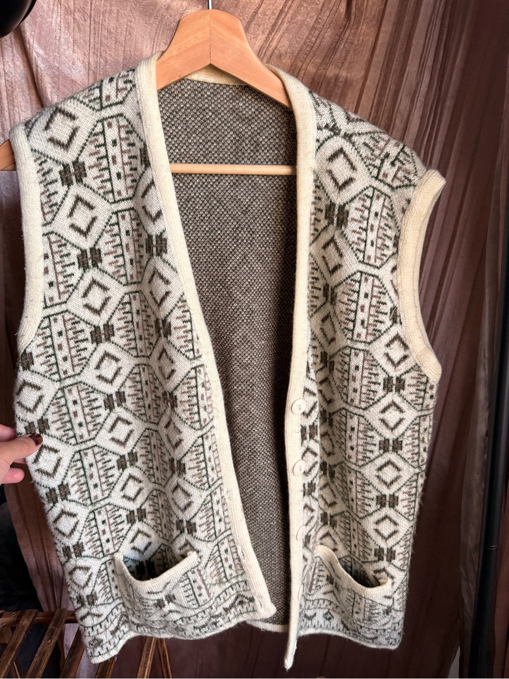 Vintage 90s Geometric Knit Sweater Vest Fair Isle Cream Brown Size M/L